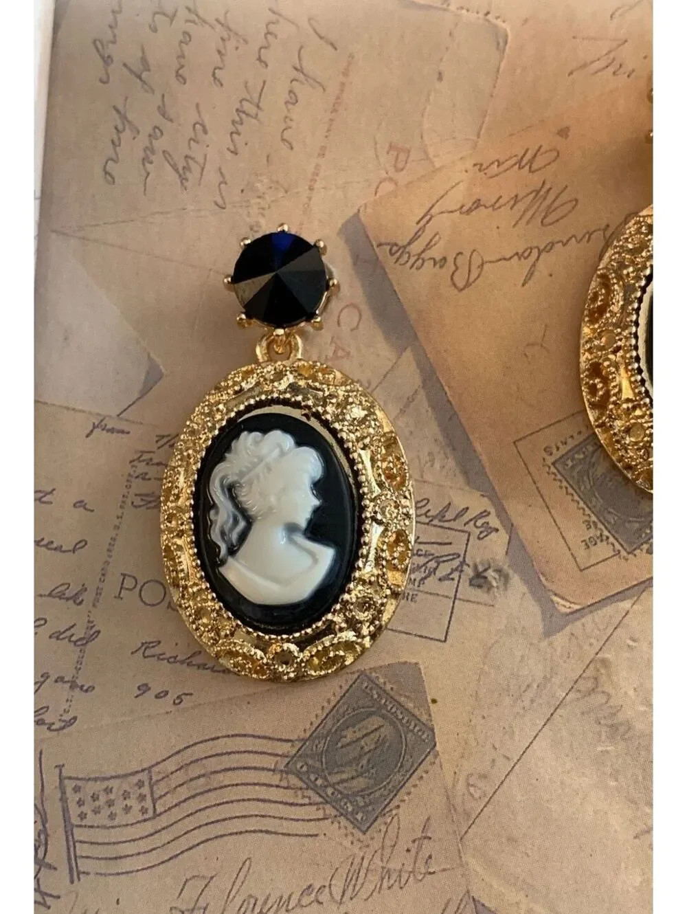Elegant Cameo Dangle Earrings with Black and Gold Charm